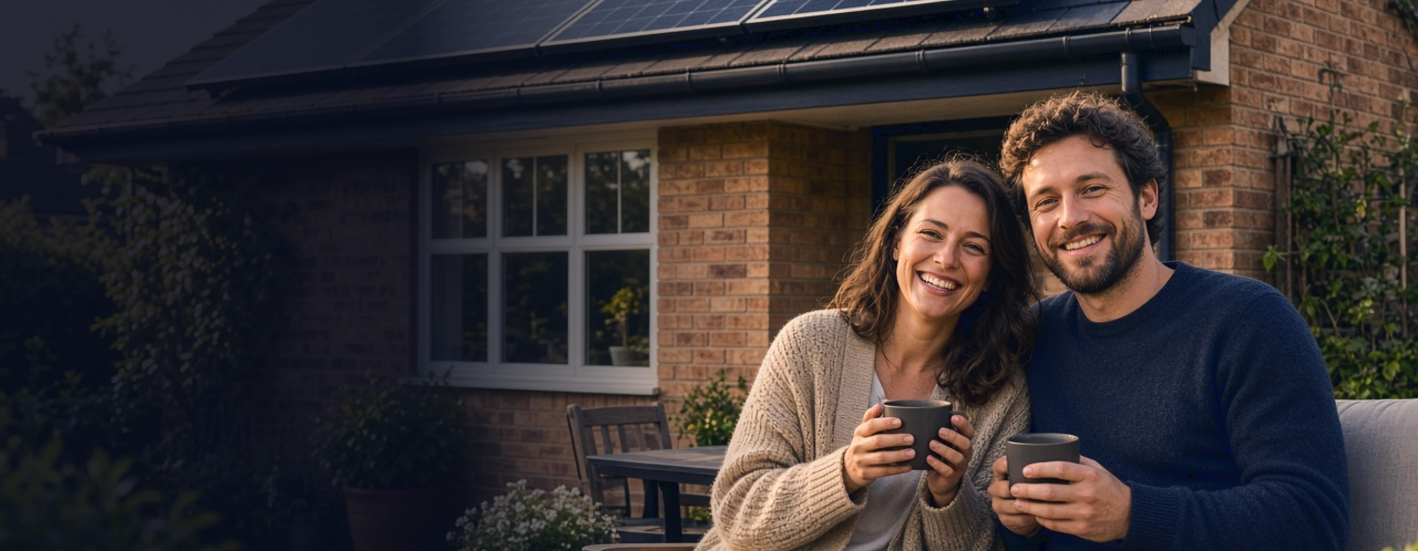 UK homes with rooftop solar panels at dusk